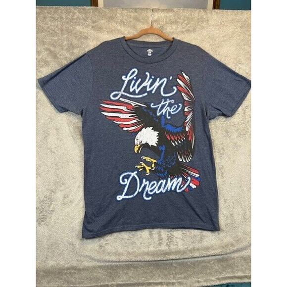Livin the Dream Mens Shirt XL Blue Short Sleeve Patriotic Eagle Bird Graphic Tee - Picture 1 of 6
